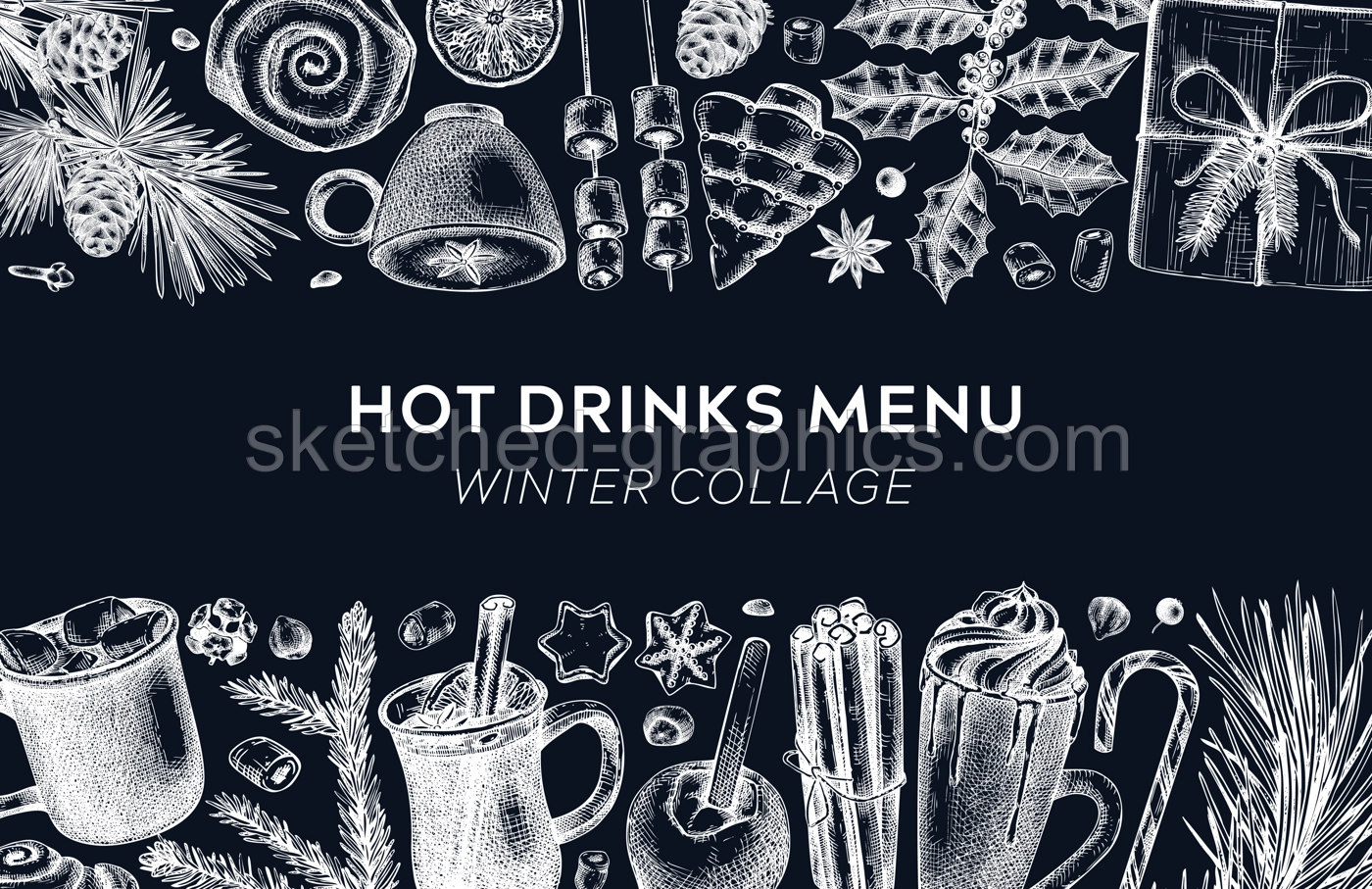 Hot drinks menu design. Mulled wine, coffee, hot chocolate, cocoa vector sketches. Christmas design template. Winter drinks and sweets frame template. Trendy food background in collage style Illustration